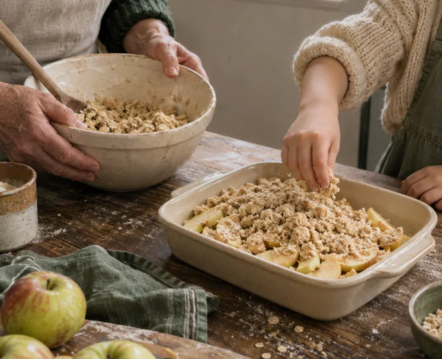 An adult and child preparing an apple crumble together.