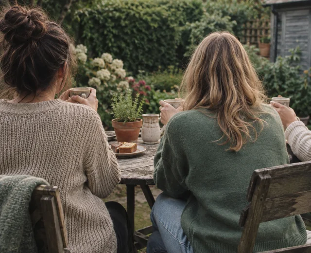 Friends catching up over tea in a leafy garden, seen from behind.