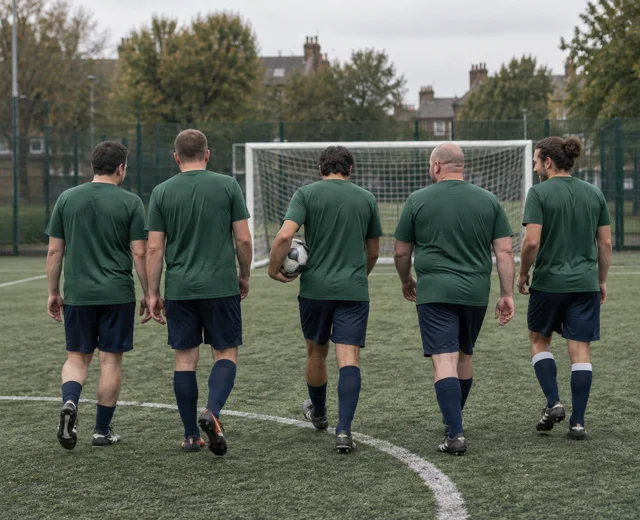 Five teammates in green shirts walking across a football pitch towards the goal, seen from behind.