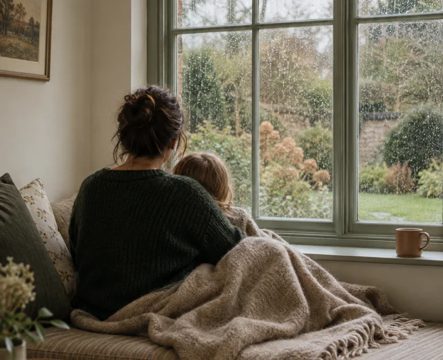 A parent and child looking out at a rainy garden, seen from behind.