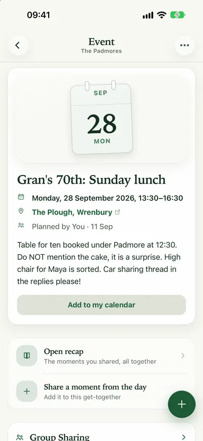 The Padmores confirming Sunday lunch with RSVPs, guests and a note.