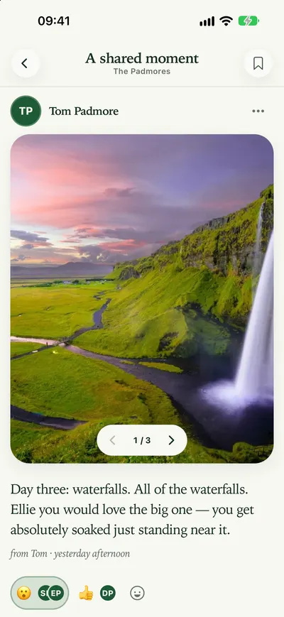 A photo post showing waterfalls, with replies and reactions.